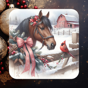 Bruin kerstpaard en kardinaal vierkante sticker