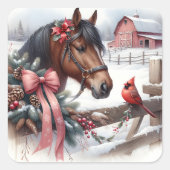 Bruin kerstpaard en kardinaal vierkante sticker (Voorkant)