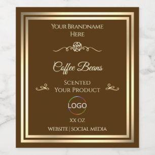 Bruin koffieproductlabel gouden lijst met logo wijn etiket