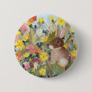 Bruin konijn en paardenbloemen Button