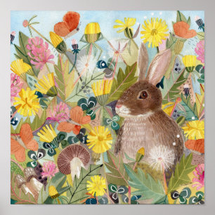 Bruin konijn en paardenbloemen poster