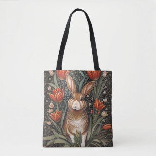 Bruin Konijn Rode Tulpen William Morris Geïnspiree Draagtas
