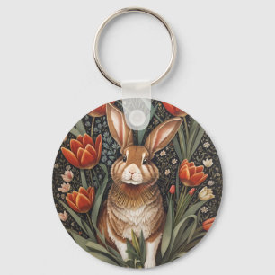 Bruin Konijn Rode Tulpen William Morris Geïnspiree Sleutelhanger