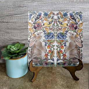 Bruin Konijnenkonijn Vogel Jacobean Design Tegeltje