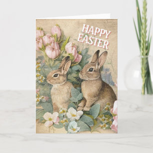 Bruin Konijntje Bloem Shabby Happy Easter Feestdagen Kaart