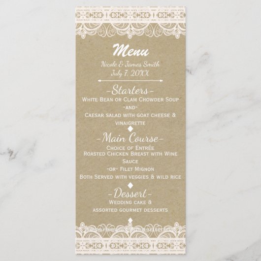 Bruin Kraft Papier & Rustiek Witte kant Menu (Voorkant)