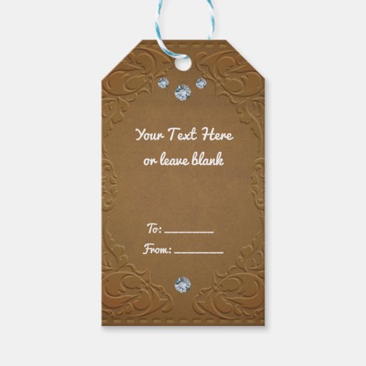 Bruin kunstleder en diamant Glam Rustic Cadeaulabel (Voorkant)