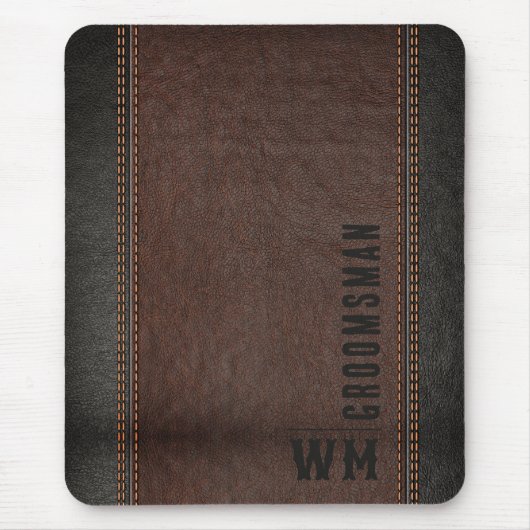 Bruin kunstleder Monogram Groomsman Gift Muismat (Voorkant)