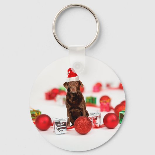 Bruin Labrador Hond Kerstmis w Gifts Santa Hat Sleutelhanger (Voorkant)