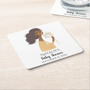 Bruin lachend boho vrouw boeket van harten vierkante kartonnen onderzetter