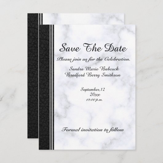Bruin leder en grijze witte marmer save the date (Voorkant / Achterkant)