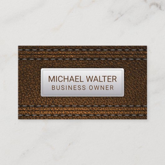 Bruin leder gestikt | luxe visitekaartje (Voorkant)