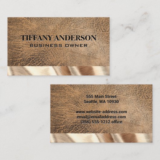 bruin leder | Gouden stof trim Visitekaartje (Voorkant / Achterkant)