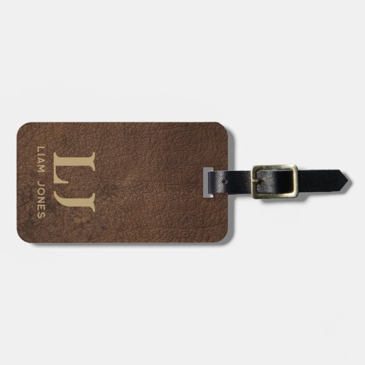 Bruin Leder Monogrammed Mannelijk Bagagelabel (Voorkant horizontaal)