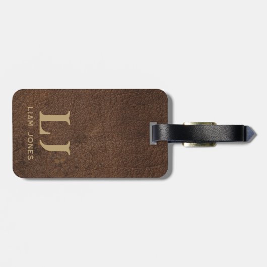 Bruin Leder Monogrammed Mannelijk Bagagelabel (Achterkant horizontaal)