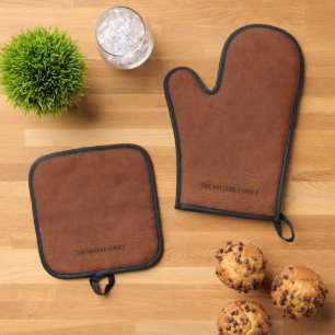Bruin Lederen Afbeelding Aangepaste tekst Ovenwant & Pannenlap Set