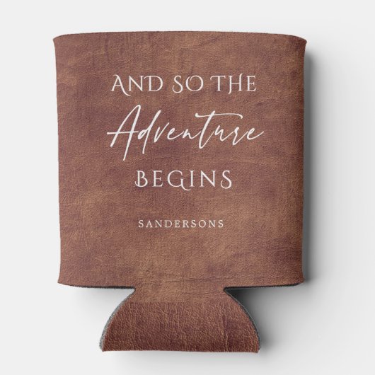 Bruin Lederen Avontuur Gepersonaliseerd Blikjeskoeler (Achterkant)