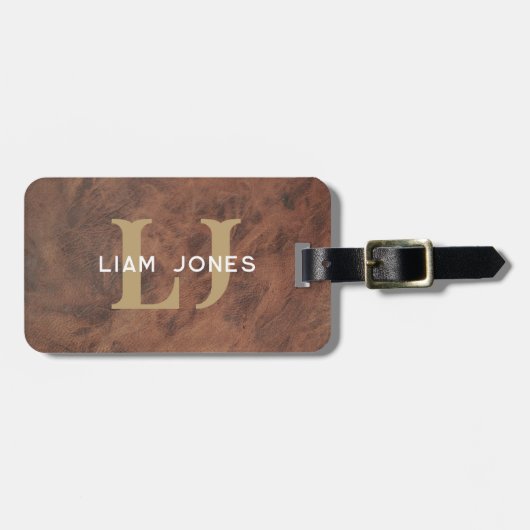Bruin Lederen Initialen Monogrammed Modern  Bagagelabel (Voorkant horizontaal)