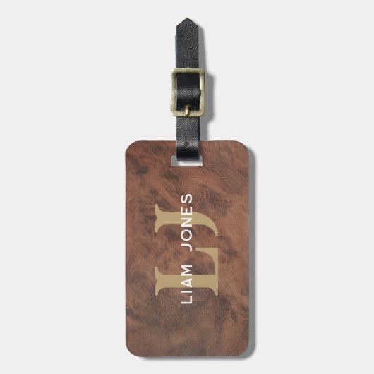 Bruin Lederen Initialen Monogrammed Modern Bagagelabel (Voorkant verticaal)