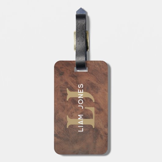 Bruin Lederen Initialen Monogrammed Modern  Bagagelabel (Achterkant verticaal)