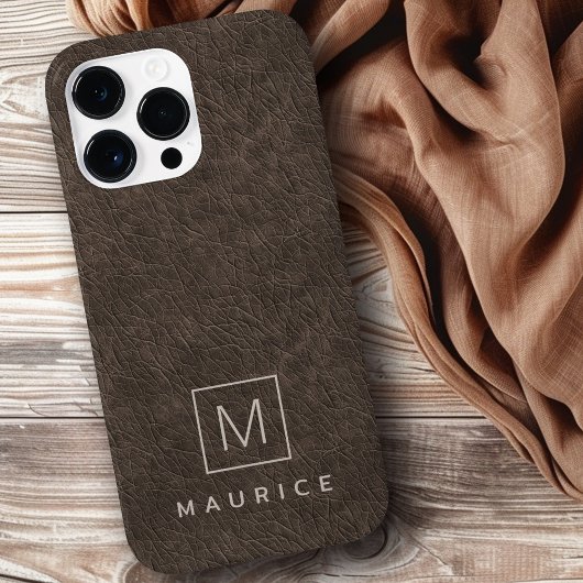 Bruin lederen print monogram initiaal aangepaste n Case-Mate iPhone case