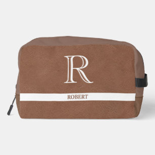 Bruin Lederen Textuur Trim Wit Monogram Naam Toilettasje