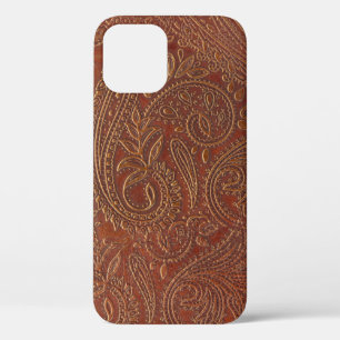 Bruin leer, bewerkt bloemmotief. iPhone 12 hoesje