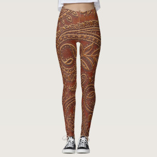 Bruin leer, bewerkt bloemmotief. leggings