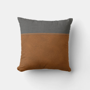 Bruin leer grijs linnen look chic minimal boerderi kussen
