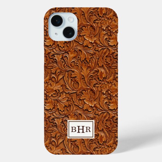 Bruin Leer Met Stempel Monogram Case-Mate iPhone Case (Achterkant)