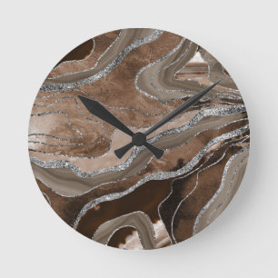 Bruin marmer Agate Silver Glitter Glam #2 Ronde Klok