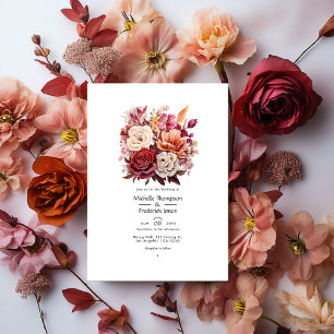 Bruin, Maroon en Zalm Bloemen Herfst Bruiloft Kaart