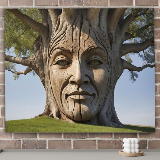 Bruin menselijk gezicht boom takken gesneden poster