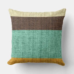 Bruin Mint Yellow Stripes Burlap Linen Rustic Jute Kussen