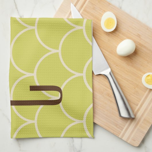 Bruin Monogram op Retro Groen Patroon Theedoek (Quarter Fold)