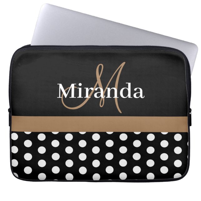 Bruin Monogram Zwart Wit Polka Dot Laptop Sleeve (Voorkant)