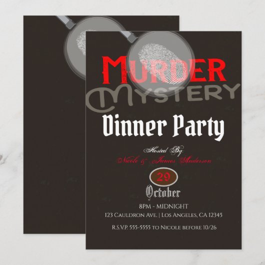 Bruin moordmysterie dinerfeest kaart (Voorkant / Achterkant)