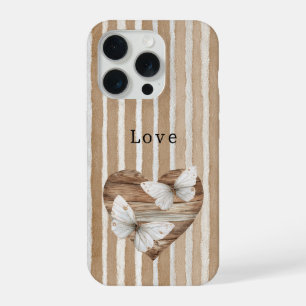 Bruin namaak houten hart witte vlinders liefde iPhone 15 pro hoesje