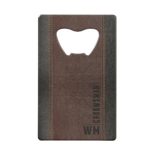 Bruin namaak leer monogram bruidegomsgeschenk kredietkaart flessenopener