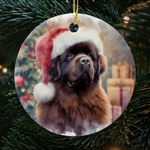 Bruin Newfoundland Hond Santa Hat Kerstmis Keramisch Ornament
