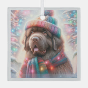 Bruin Newfoundland in Winter Beanie Portret Glas Ornament
