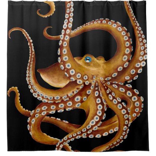 Bruin Octopus Blue Eye Black Art Douchegordijn (Voorkant)