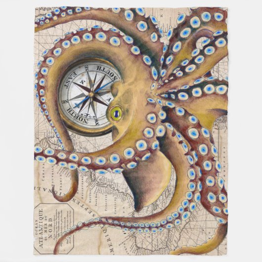 Bruin octopus  Map Compass Fleece Deken (Voorkant)