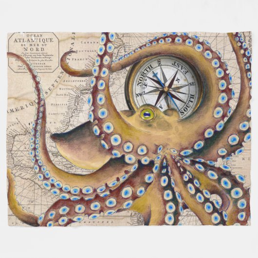 Bruin octopus  Map Compass Fleece Deken (Voorkant (Horizontaal))