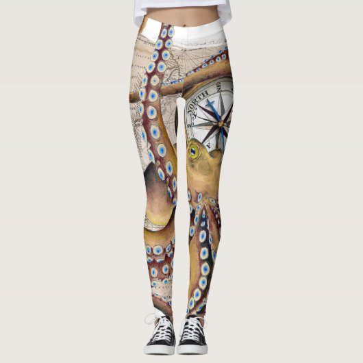 Bruin octopus  Map Compass Leggings (Voorkant)