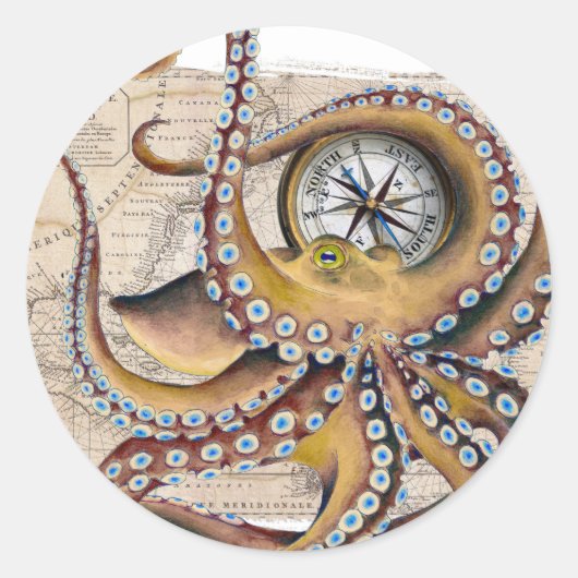 Bruin octopus  Map Compass Ronde Sticker (Voorkant)