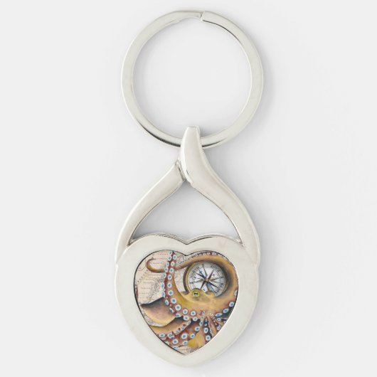 Bruin octopus Map Compass Sleutelhanger (Voorkant)