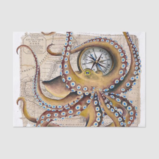 Bruin octopus Map Compass Tissuepapier (Voorkant)