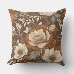 Bruin Oranje Blauw Crème Bloemmotief Kussen