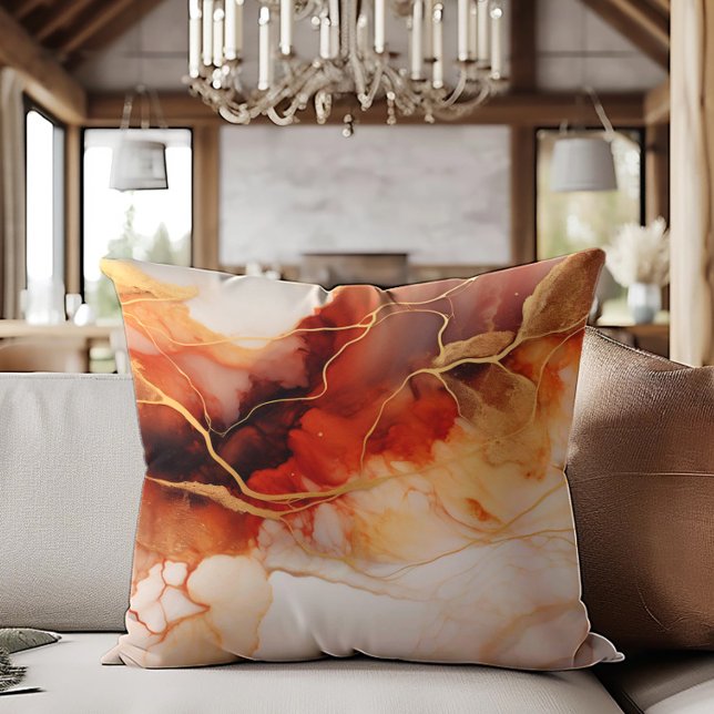 Bruin Oranje Goud Alcohol Inkt Marmer Kussen (Brown, orange, and cream-colored decorator pillow )